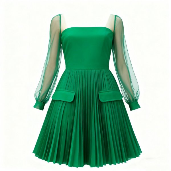 Green Sheer-Sleeve Pleated Dress