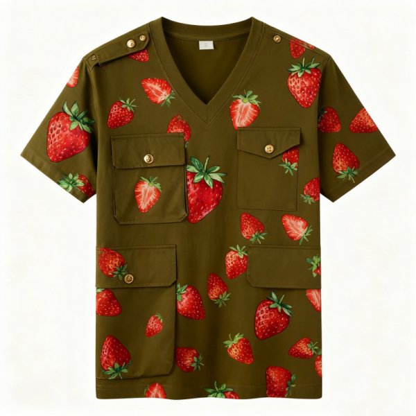 Strawberry Print Military Green V-Neck Cargo T-Shirt