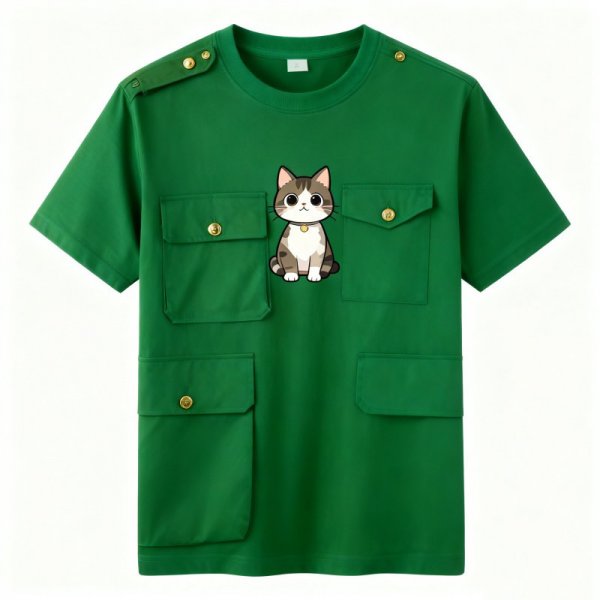 Cartoon Cat Print Green Cargo Pocket T-Shirt