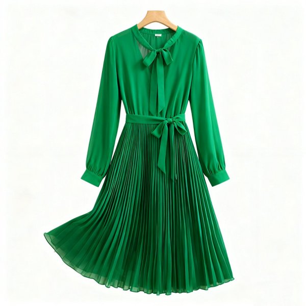 Bold Green Bow-Neck Dress with Full Pleated Skirt