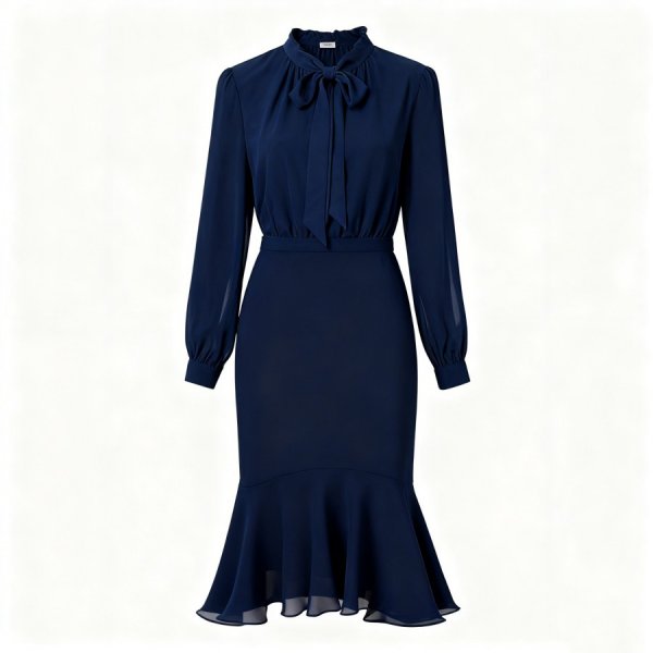 Sleek Navy Blue Bow-Neck Dress with Mermaid Hem